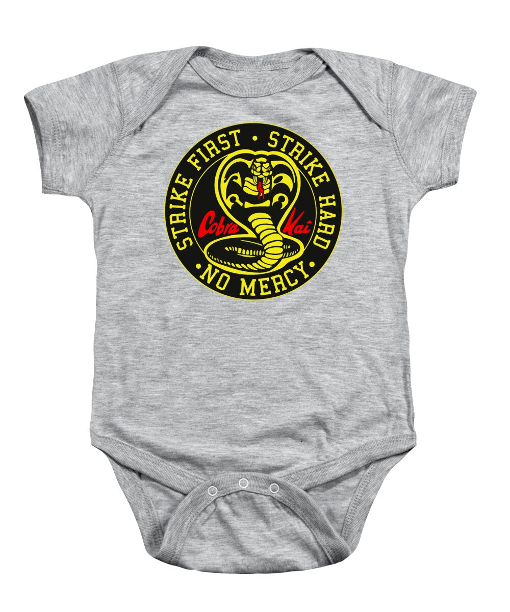 Heather gray baby onesie with short sleeves, snap-button legs, and round karate logo graphic
