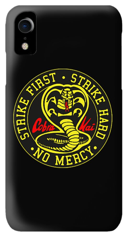 Black phone case with Cobra Kai Strike First 'No Mercy' logo centered on back