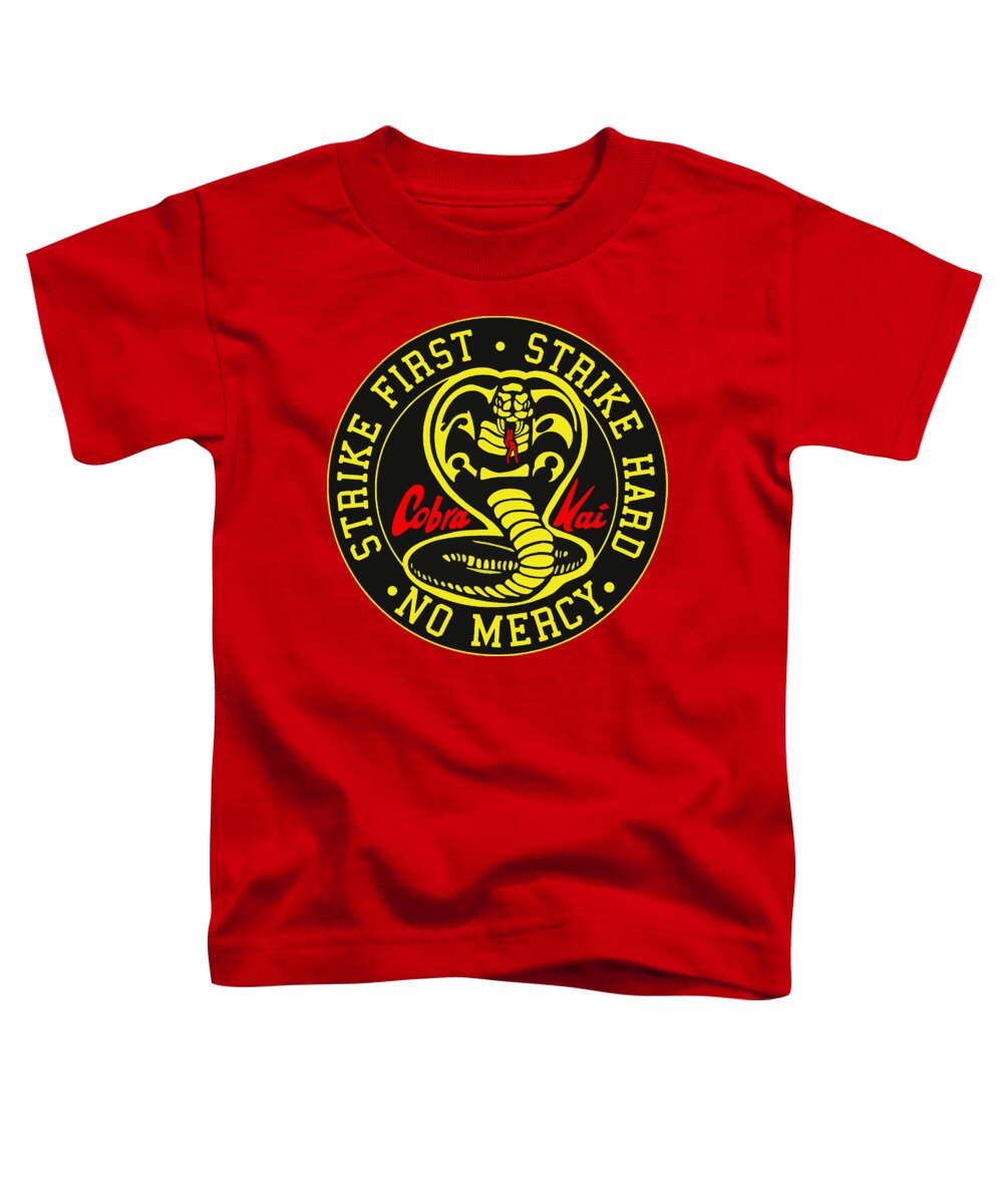 Toddler graphic t-shirt in red with Cobra Kai Strike First emblem at center