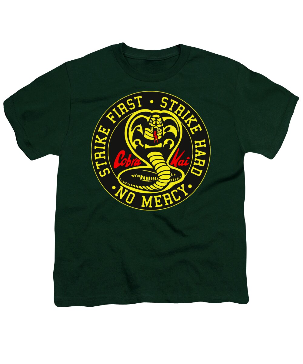 Youth dark green T-shirt with circular Cobra Kai Strike Hard graphic print on front