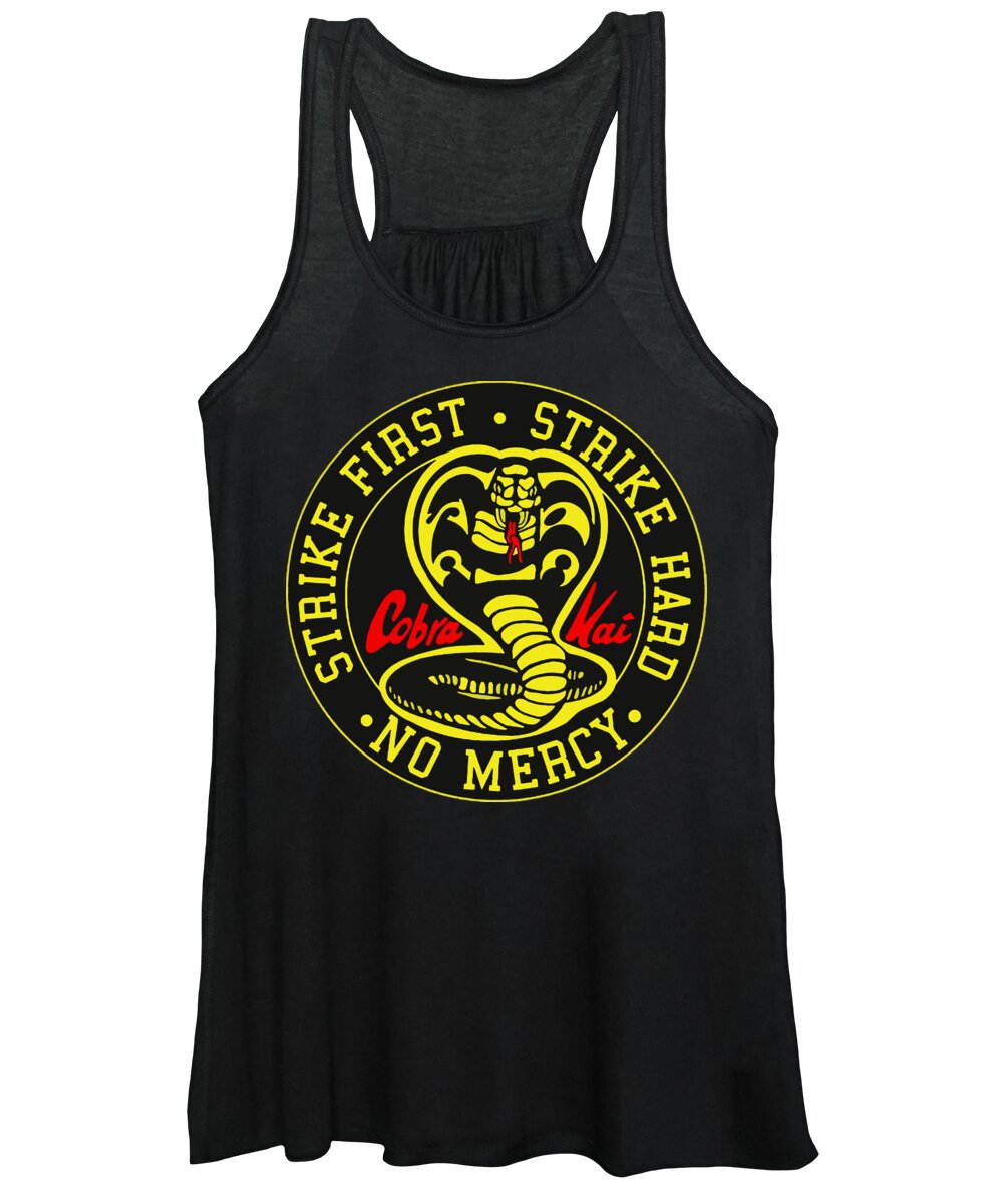Women's black tank top with scooped neckline and round Cobra Kai graphic logo front.