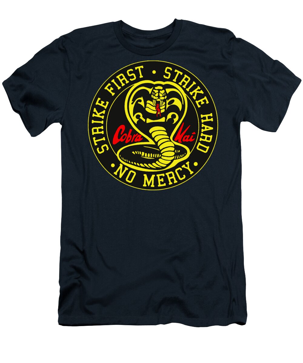 Navy Cobra Kai Strike First t-shirt with large round front graphic and logo