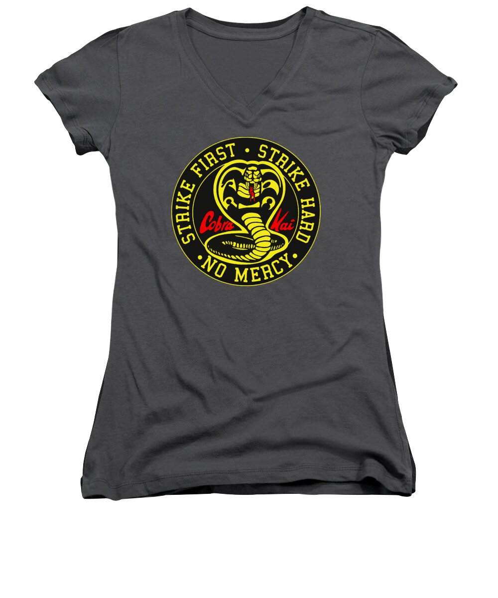Women's v-neck T-shirt, charcoal gray with circular logo graphic