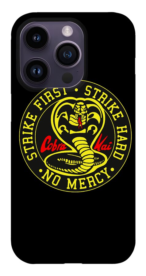Black phone case with Cobra Kai Strike First emblem and visible camera cutouts