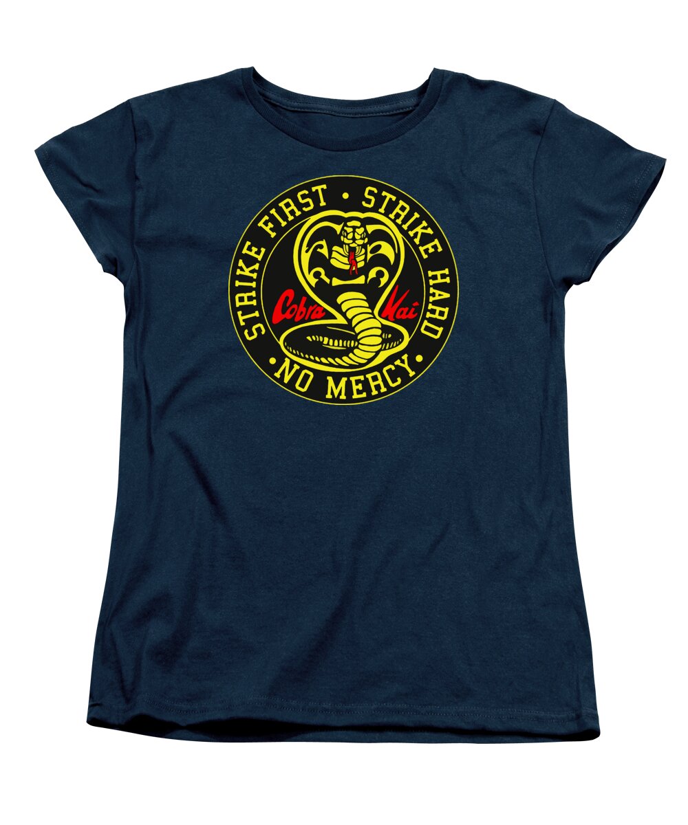 Navy women's T-shirt with circular Cobra Kai logo print on chest