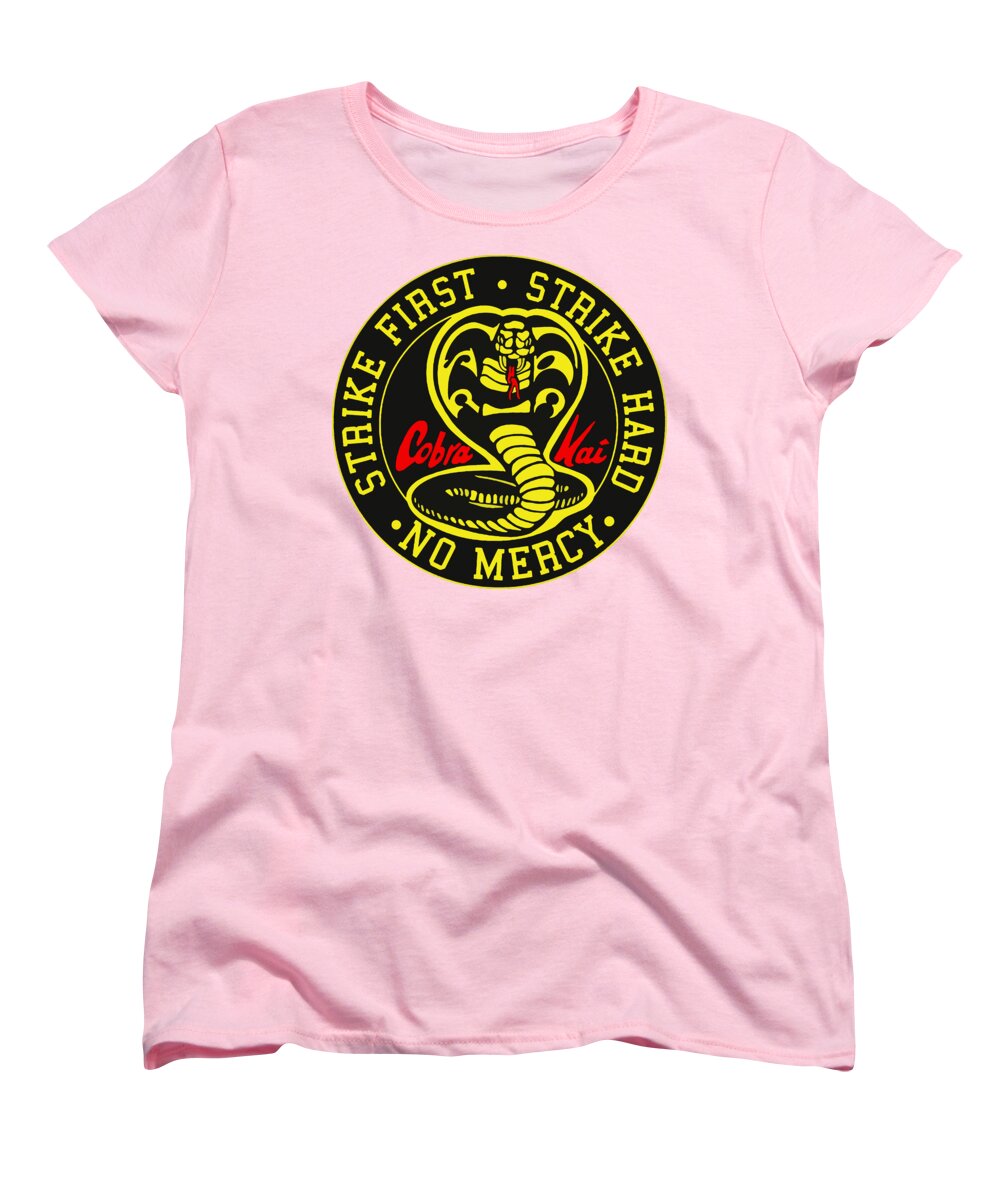 Pink women's T-shirt with circular Cobra Kai logo print on chest
