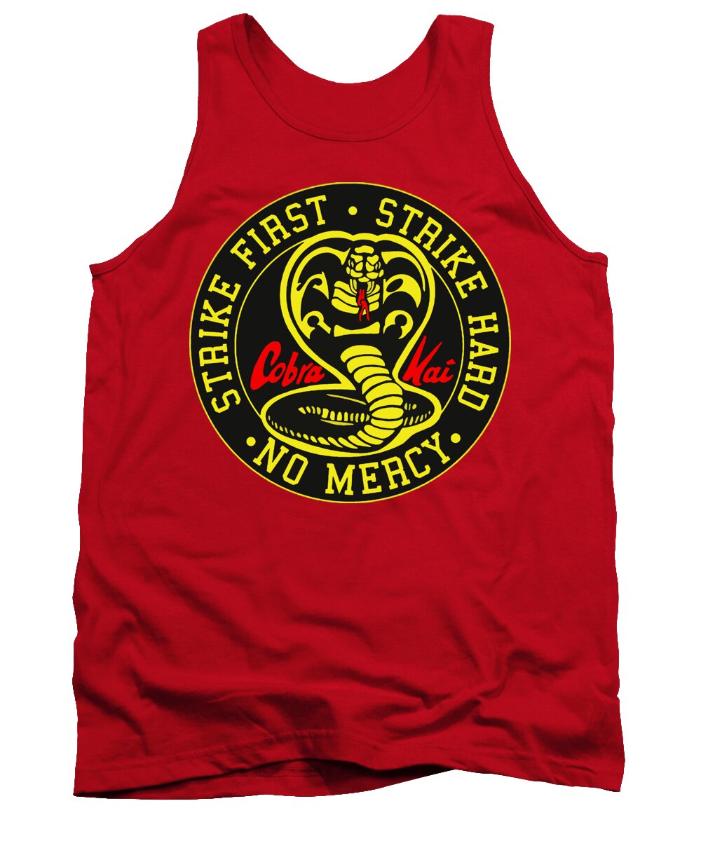 Red tank top with circular Cobra Kai graphic, sleeveless crew neck