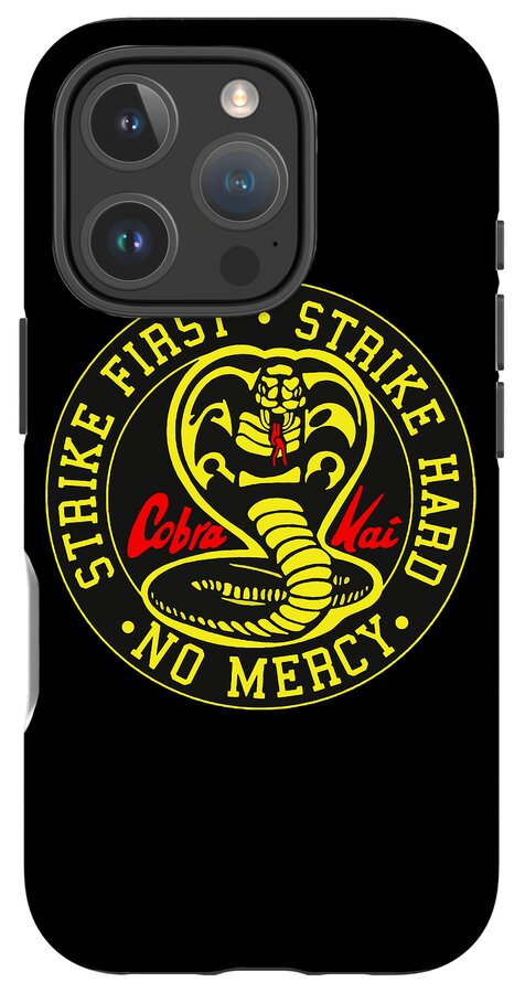 Black phone case with circular Cobra Kai emblem and yellow text, camera cutouts