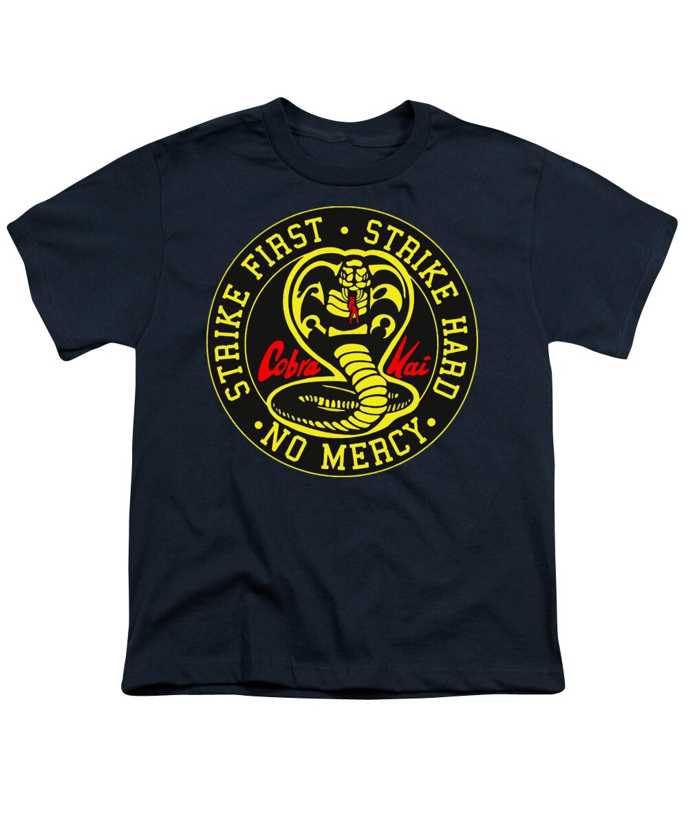 Dark navy youth graphic T-shirt with Cobra Kai circular Strike First logo
