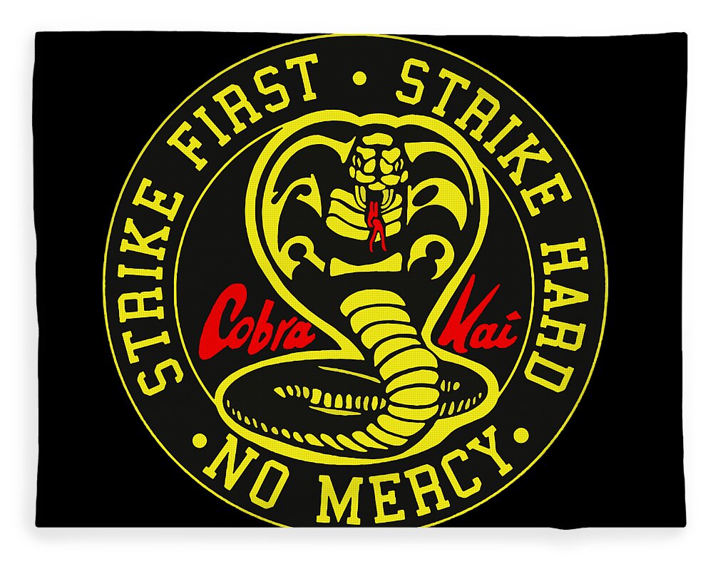 Black throw blanket with centered yellow emblem, coiled cobra graphic, and red text