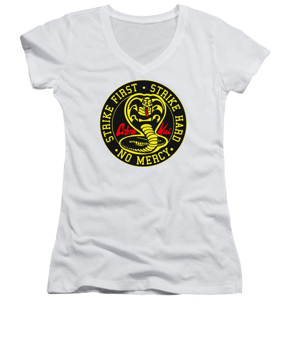 Women's v-neck T-shirt, white with circular logo graphic
