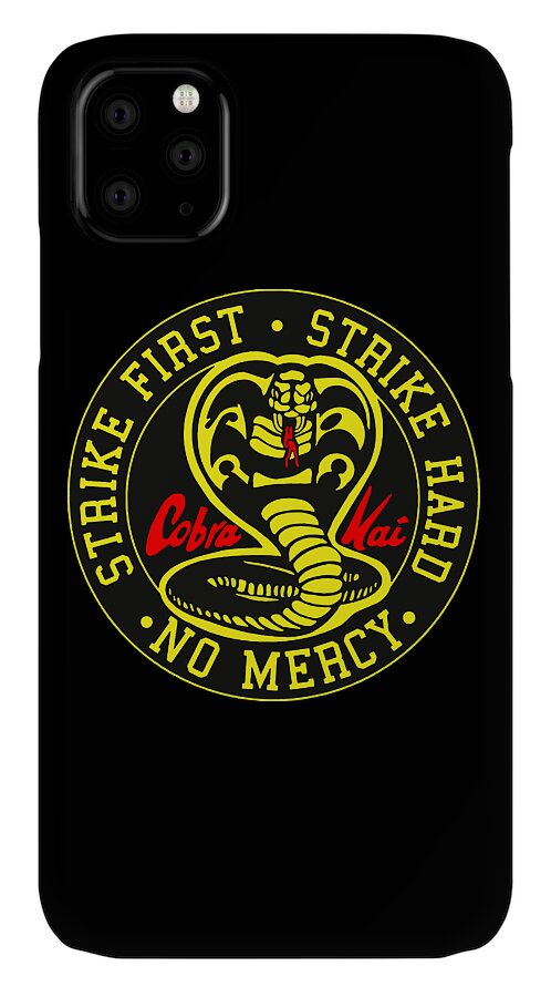 Black phone case with circular Cobra Kai Strike First No Mercy emblem on back