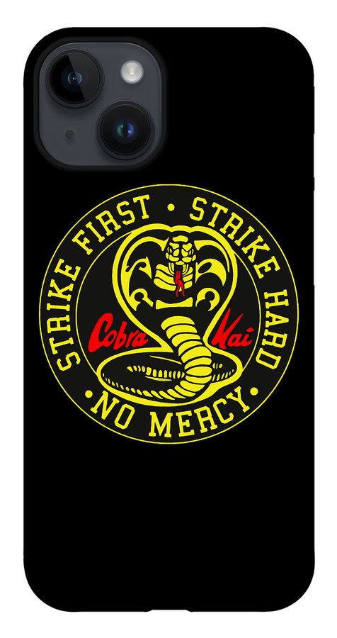 Black phone case featuring Cobra Kai Strike First emblem and visible camera cutouts