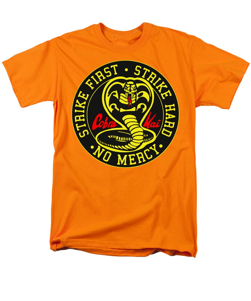 Men's orange T-shirt with circular Cobra Kai graphic at chest.