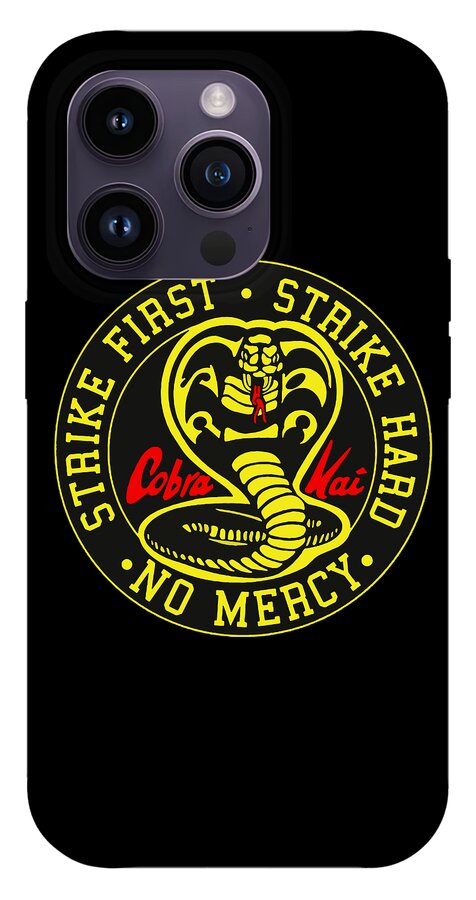Black phone case with Cobra Kai Strike First emblem and cobra snake graphic