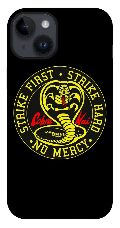 Black phone case with Cobra Kai Strike First emblem in yellow ring and snake cobra