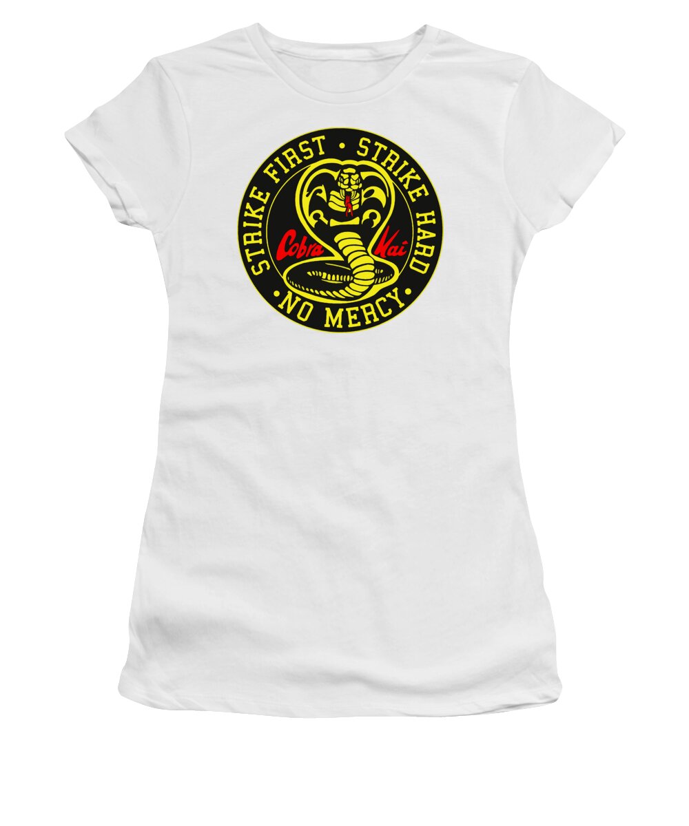 Women's white T-shirt with Cobra Kai circular logo graphic on chest