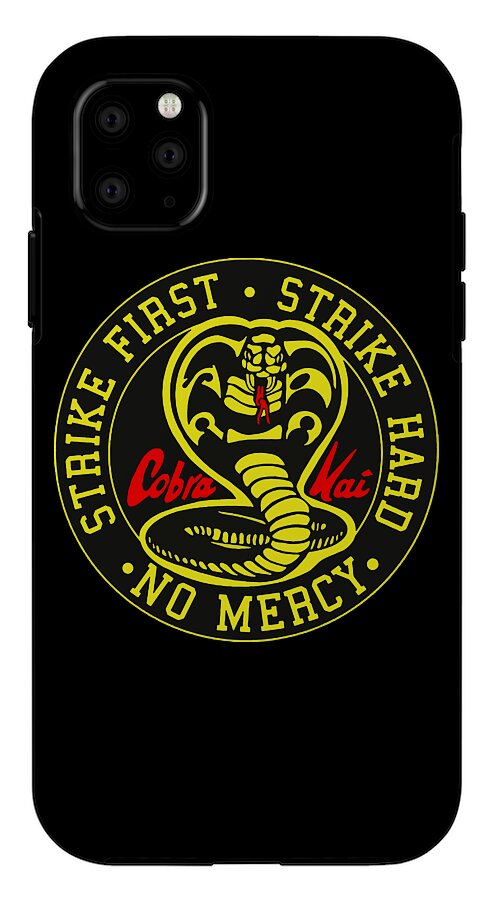 Black phone case with circular Cobra Kai Strike First No Mercy emblem on back