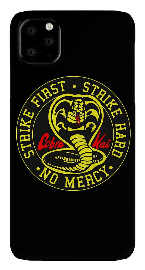 Black phone case with circular Cobra Kai Strike First No Mercy emblem on back