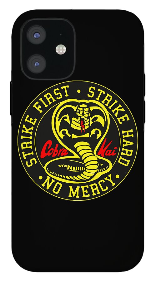 Black phone case with yellow-ring Cobra Kai badge, Cobra snake and “No Mercy” banner.