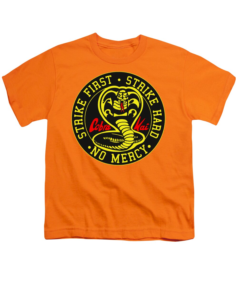 Orange youth graphic T-shirt with Cobra Kai circular Strike First logo