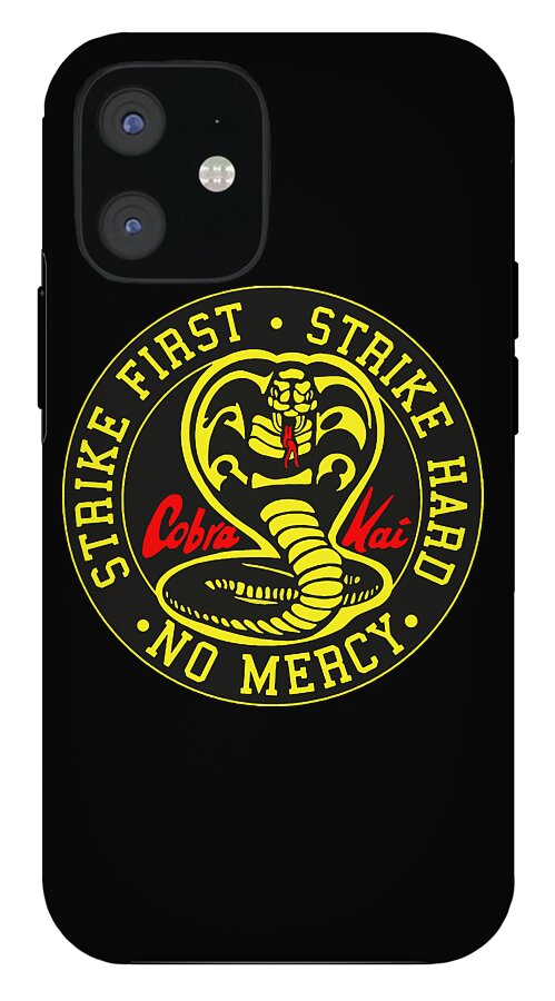 Black phone case with circular Cobra Kai Strike First No Mercy emblem on back