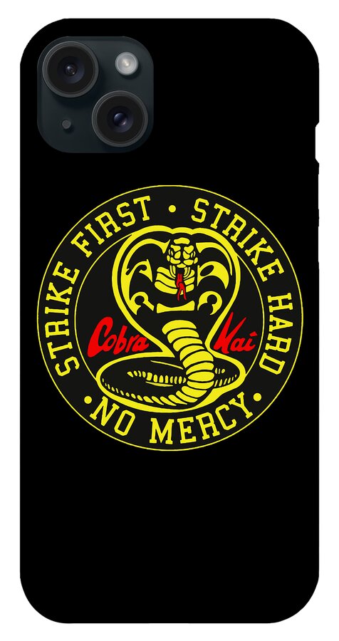 Black phone case with yellow circular Strike First emblem and camera cutouts