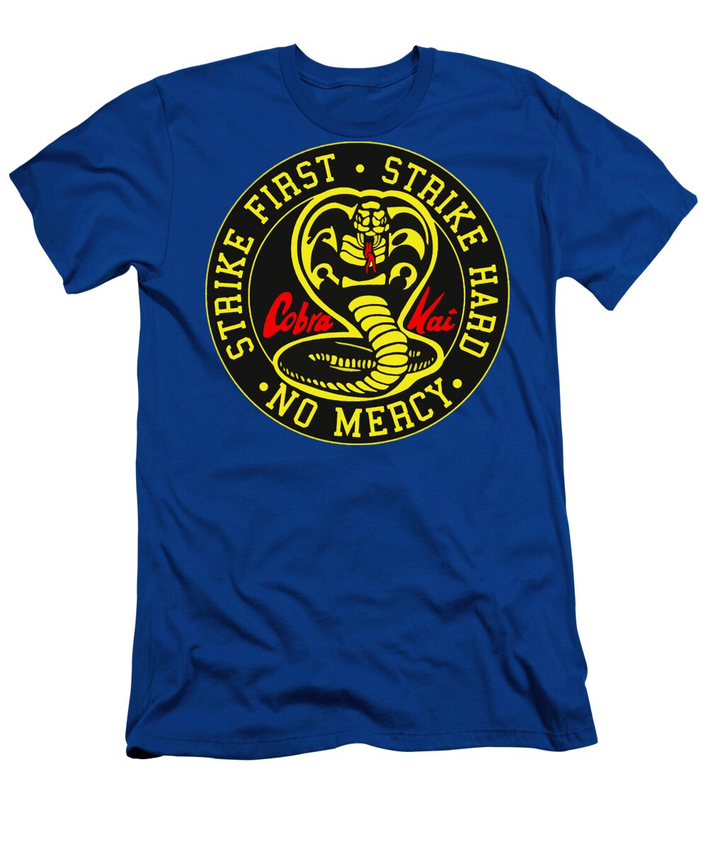 Royal blue Cobra Kai Strike First t-shirt with large round front graphic and logo