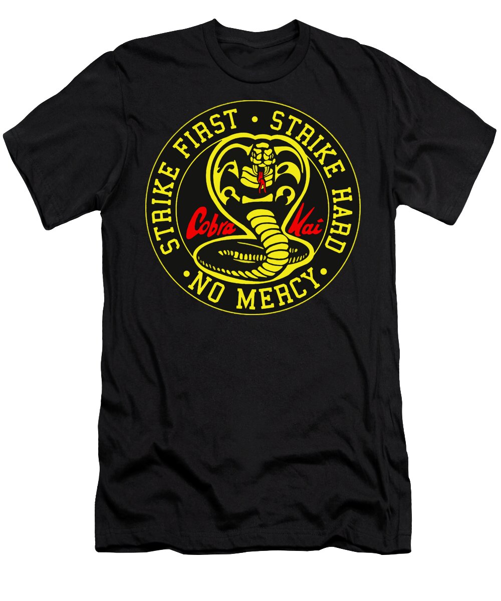 Black Cobra Kai Strike First t-shirt with large round front graphic and logo