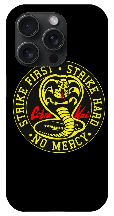Black phone case showing camera lenses and partial yellow Strike First logo
