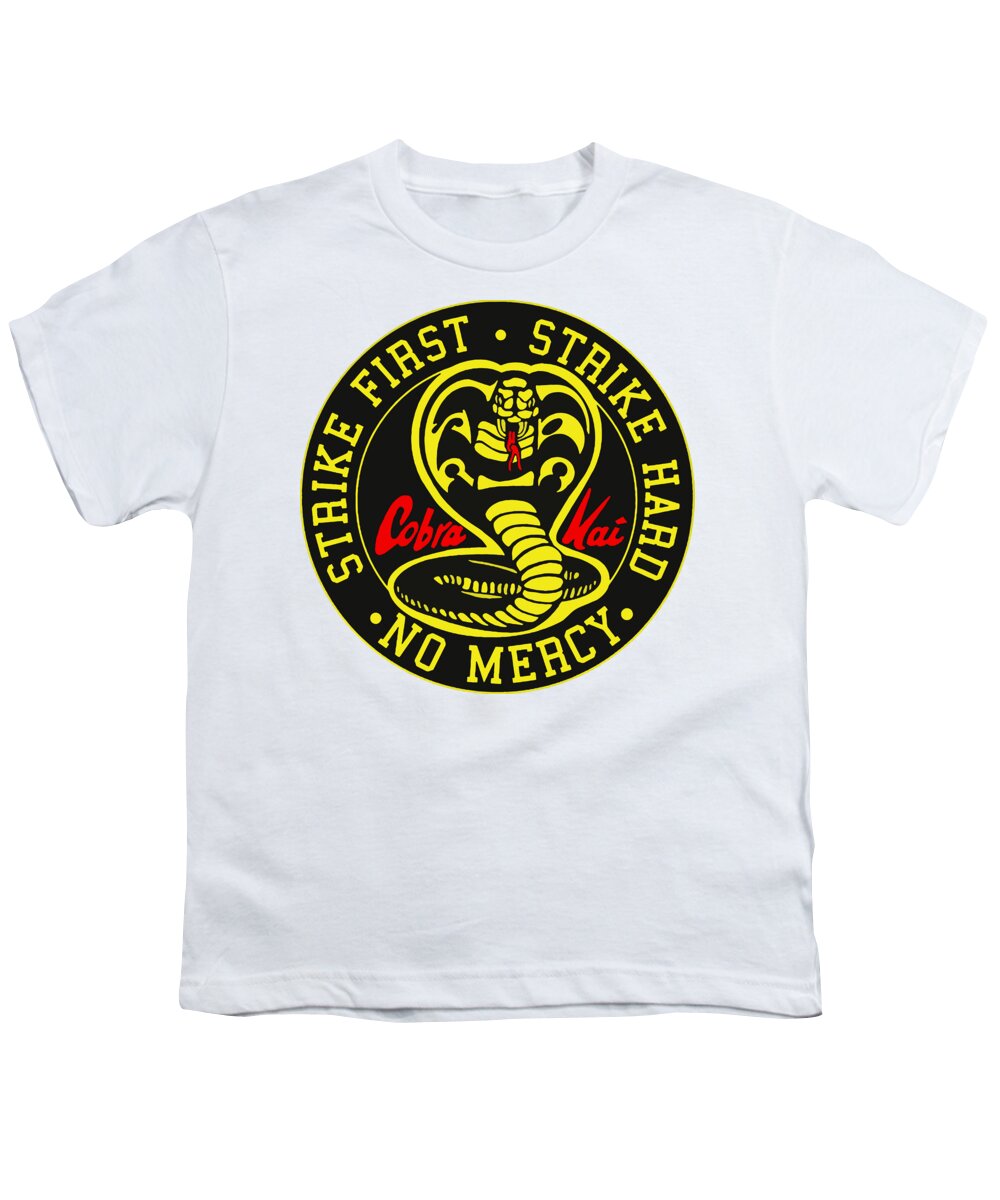 White youth graphic T-shirt with Cobra Kai circular Strike First logo