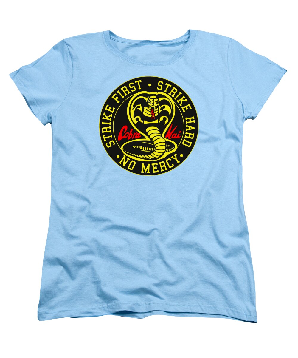 Light blue women's T-shirt with circular Cobra Kai logo print on chest