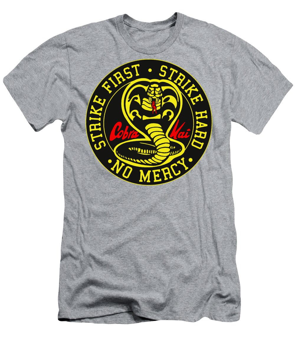 Heather gray Cobra Kai Strike First t-shirt with large round front graphic and logo