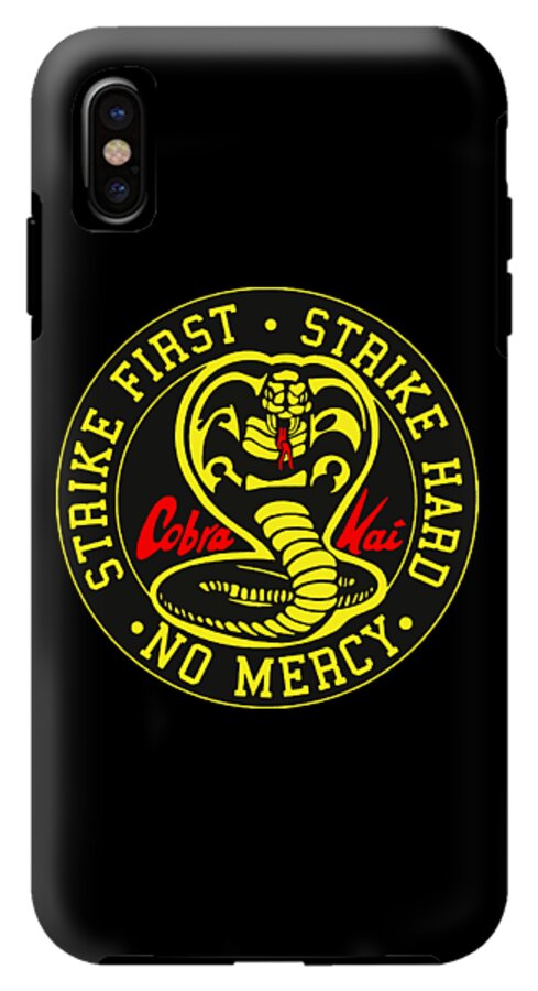 Black phone case with Cobra Kai Strike First emblem and 'No Mercy' text