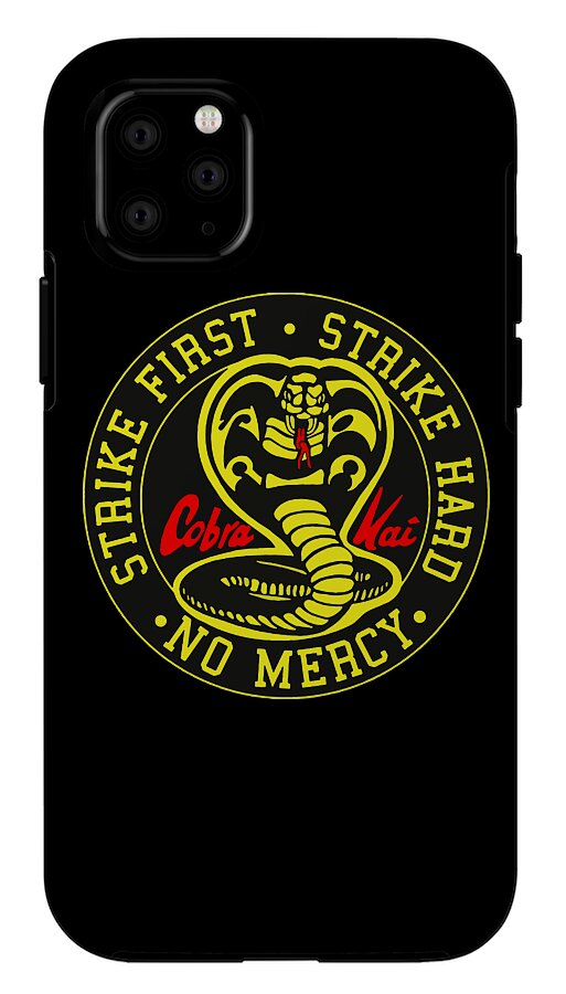 Black phone case with circular Cobra Kai Strike First No Mercy emblem and visible camera lenses