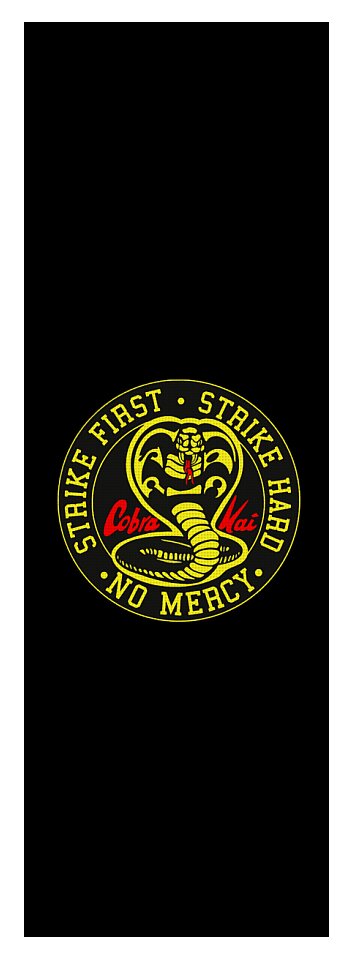 Black yoga mat with Cobra Kai circular logo and slogan, centered