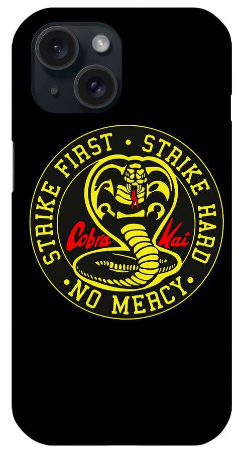 Black phone case with centered yellow circular Cobra Kai emblem and camera cutouts