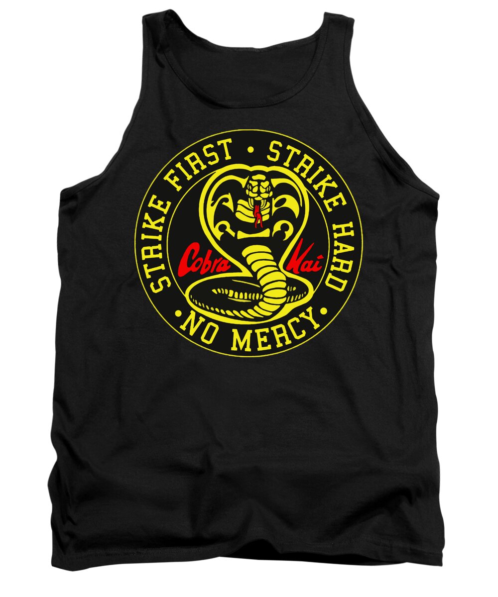 Black tank top with circular Cobra Kai graphic, sleeveless crew neck