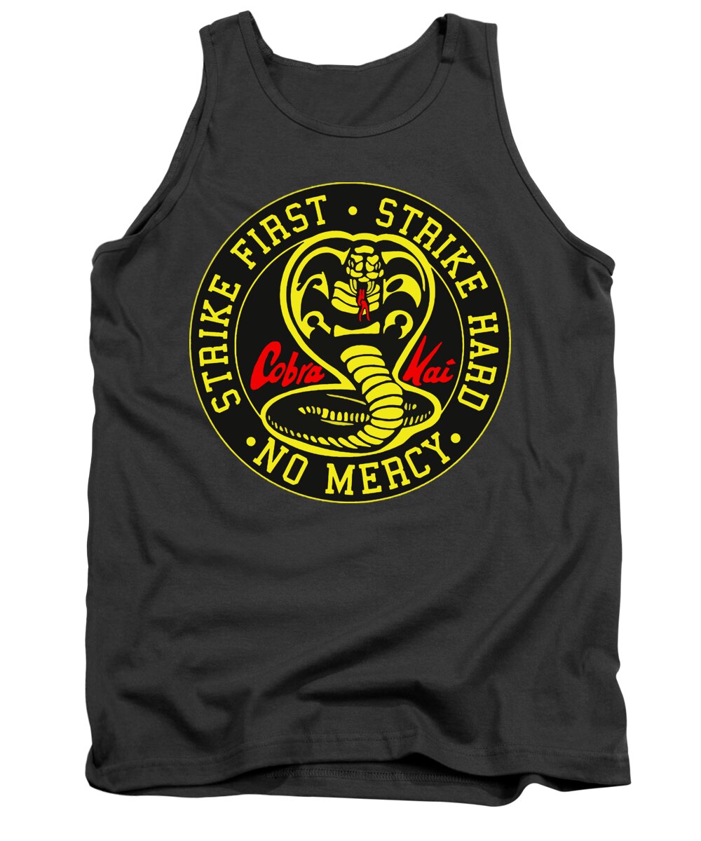 Charcoal tank top with circular Cobra Kai graphic, sleeveless crew neck