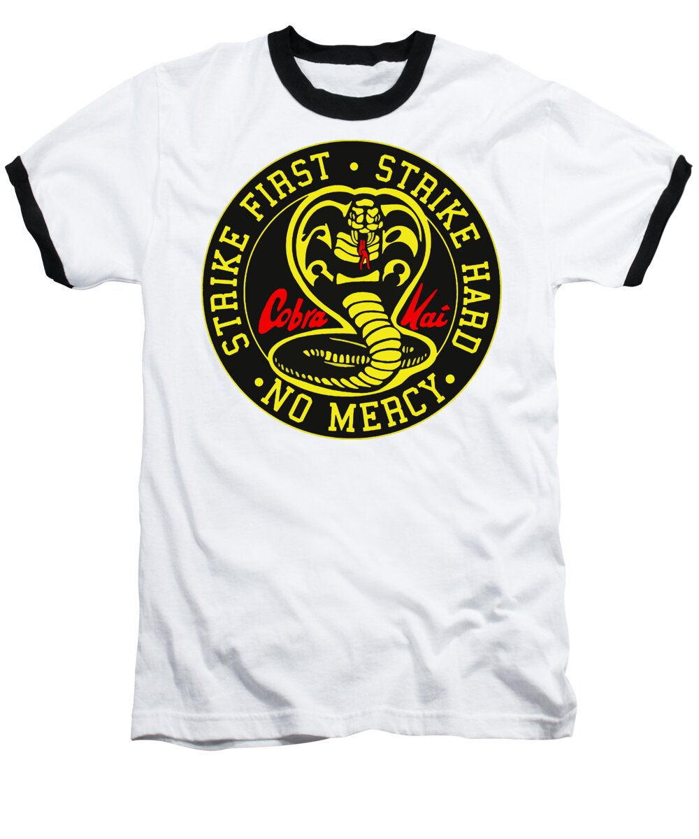 White baseball T-shirt with black trim and circular cobra logo graphic