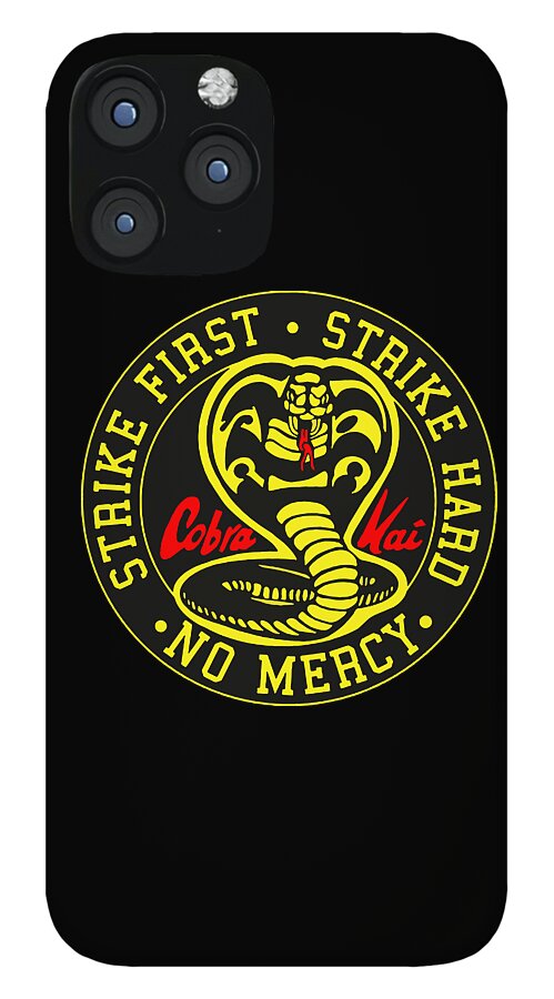 Black phone case with circular Cobra Kai Strike First No Mercy emblem and camera cutouts