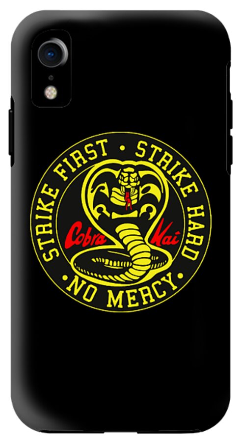 Black phone case with Cobra Kai Strike First emblem, 'Cobra Kai' and 'No Mercy' text