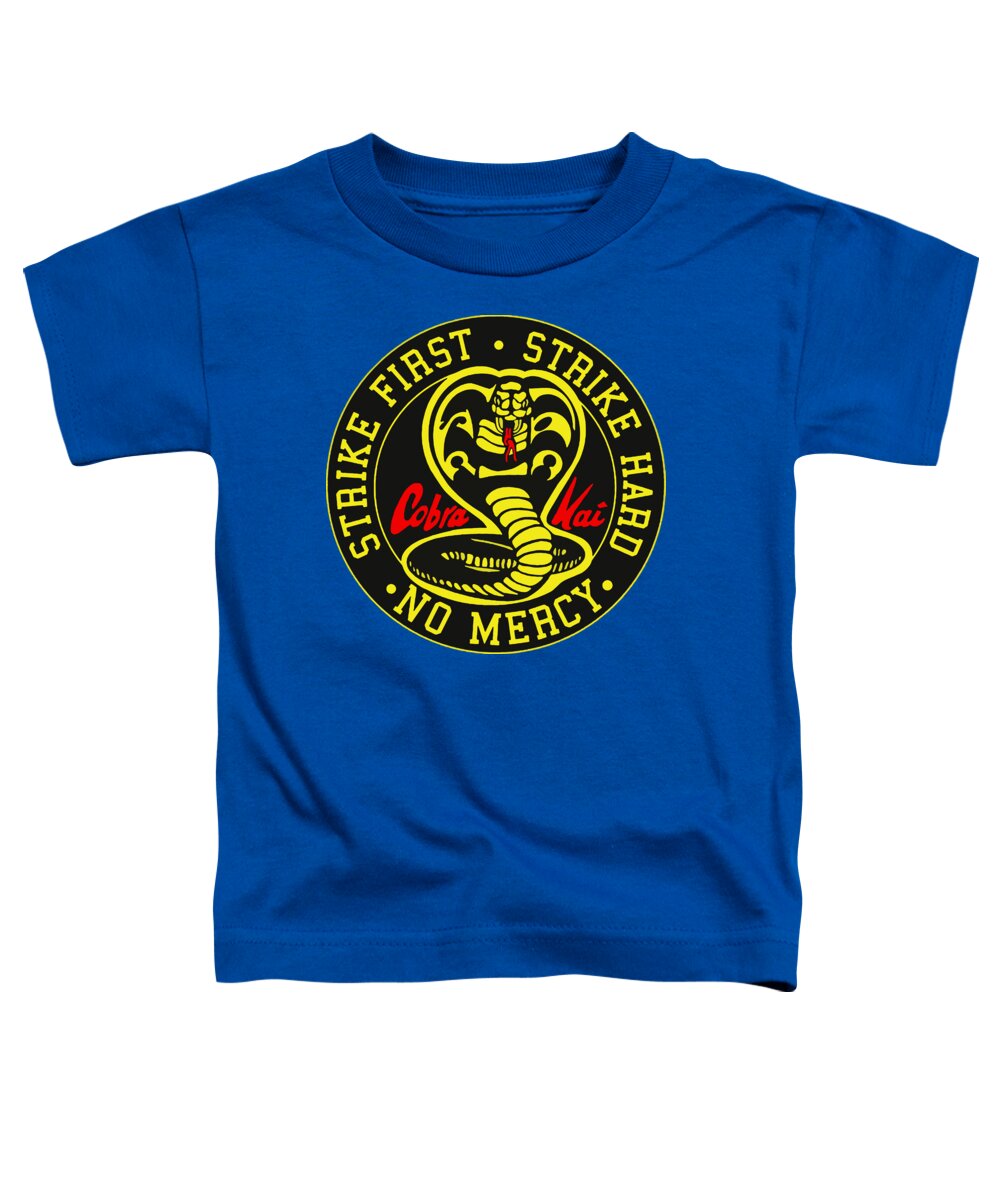 Toddler blue graphic t-shirt with circular snake emblem and “Strike First” text