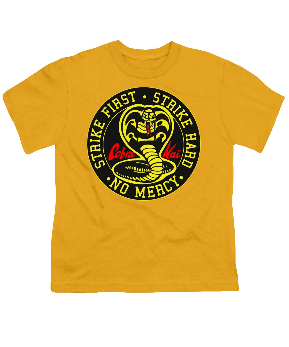 Youth yellow T-shirt with circular Cobra Kai Strike Hard graphic print on front