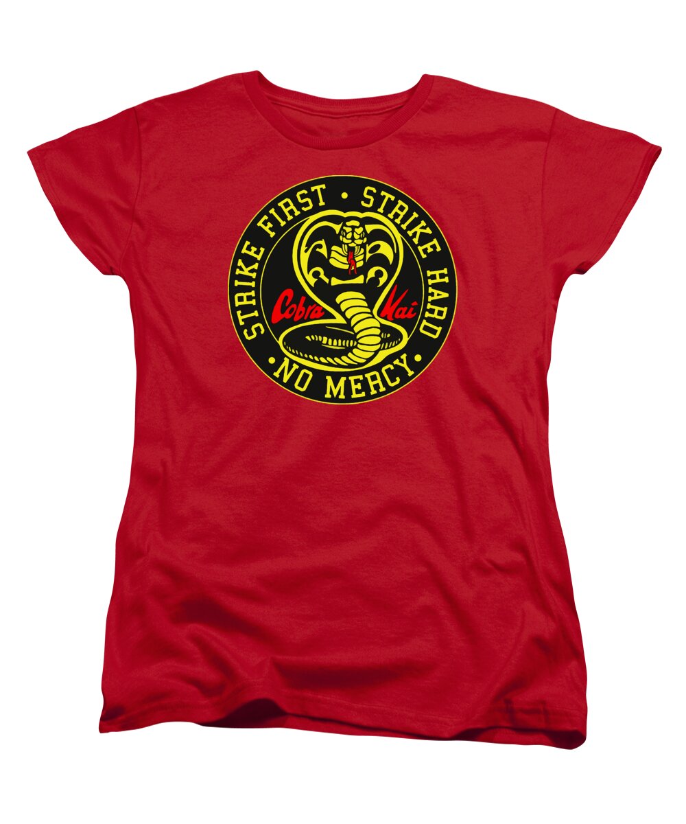 Red women's T-shirt with circular Cobra Kai logo print on chest
