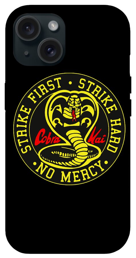 Black phone case back with camera lenses and yellow No Mercy emblem in circle