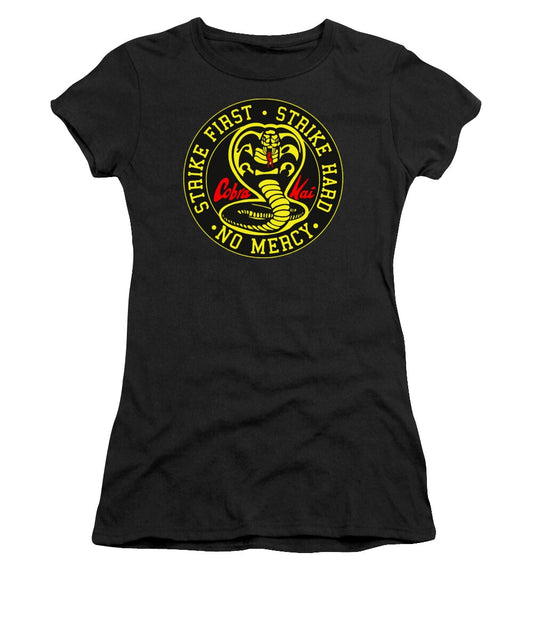 Women's black T-shirt with Cobra Kai circular logo graphic on chest