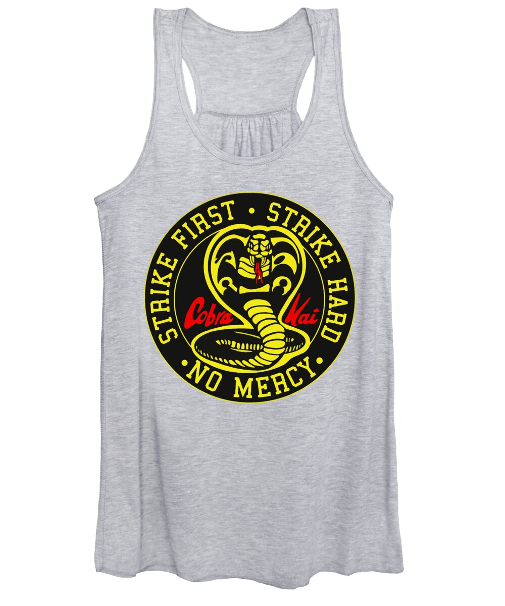 Women's light gray tank top with scooped neckline and round Cobra Kai graphic logo front.