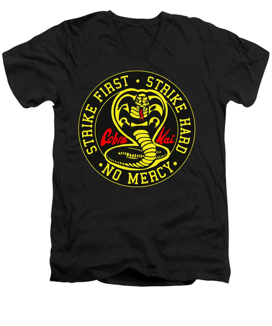 Men's black V-neck T-shirt with circular Cobra Kai strike logo