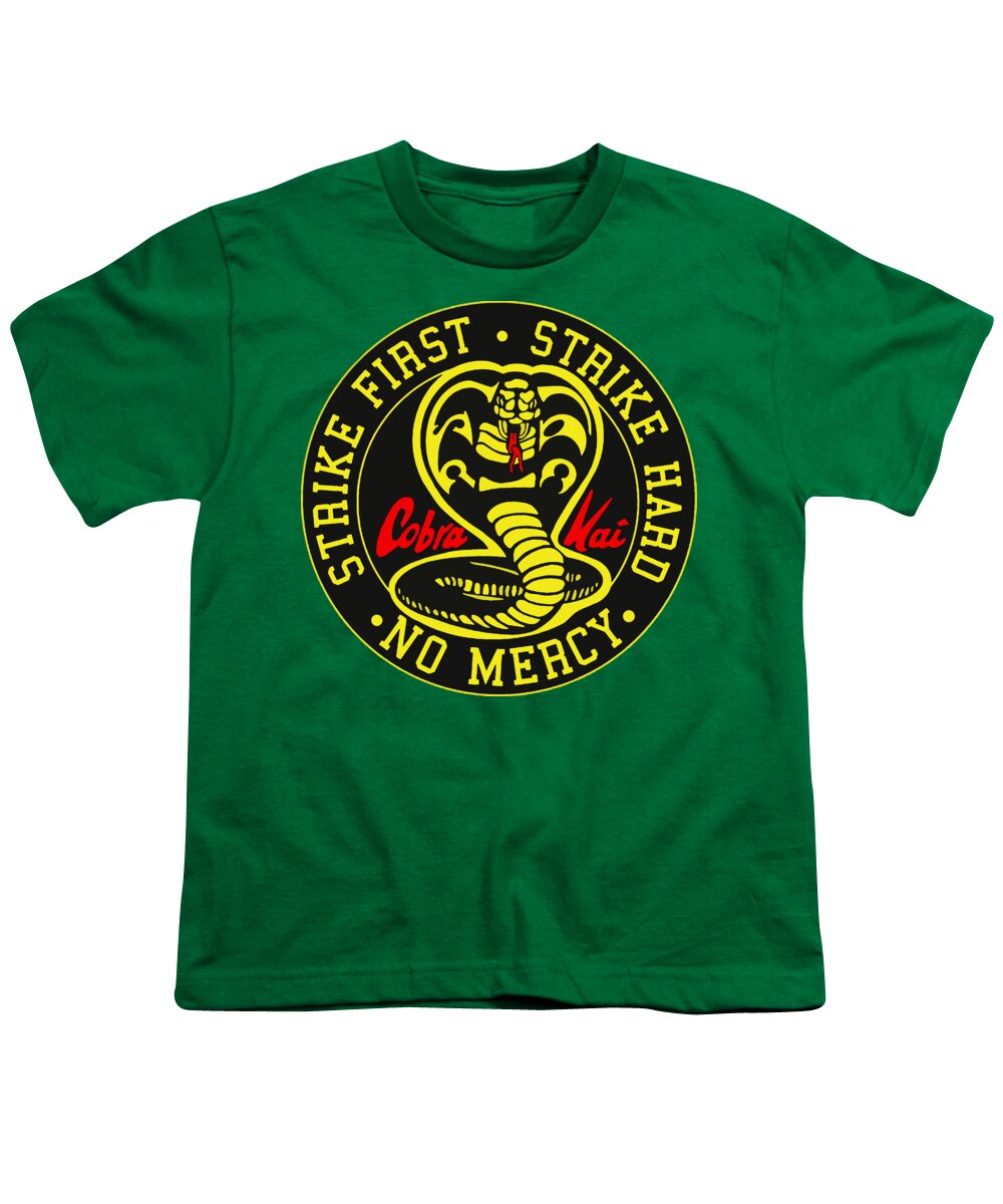 Youth green T-shirt with circular Cobra Kai Strike Hard graphic print on front